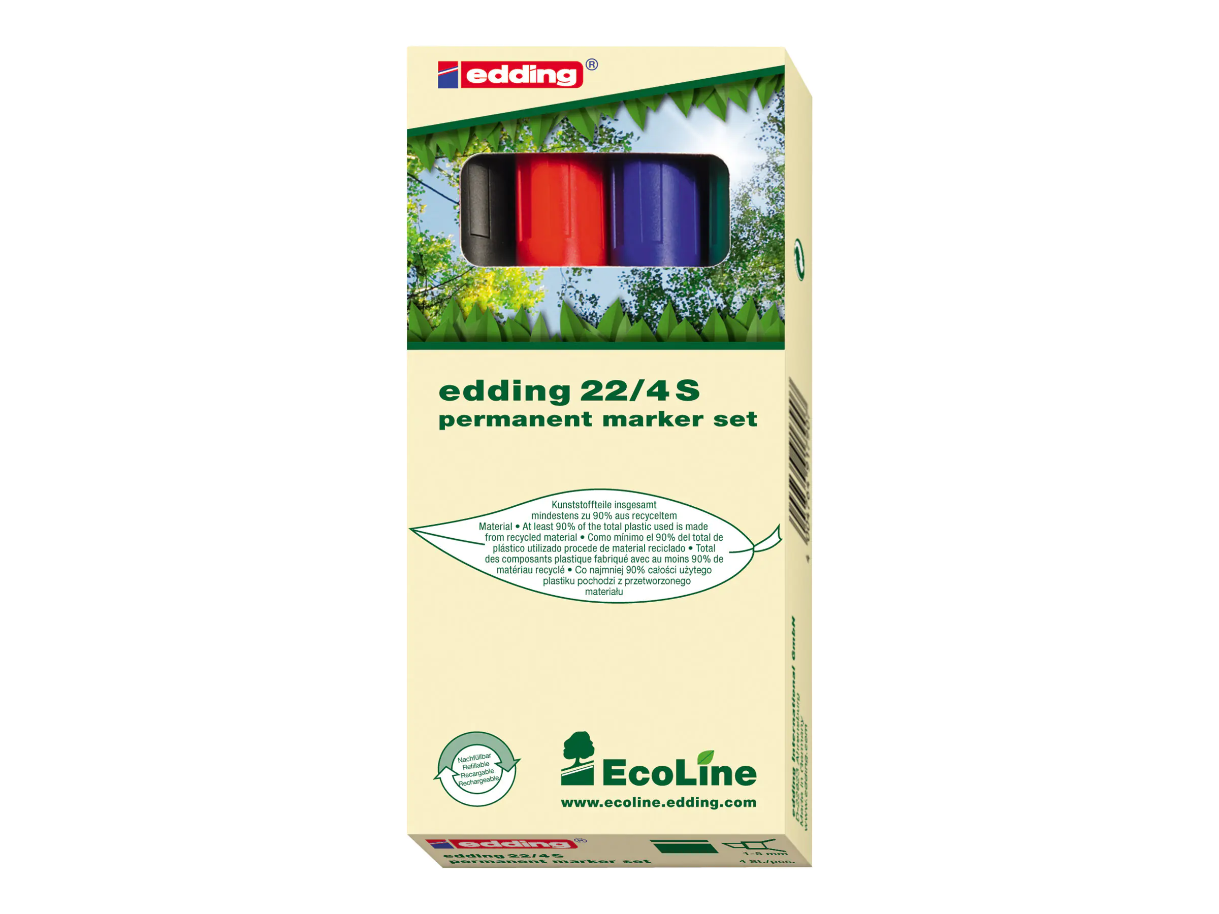 EDDING EcoLine 22 - Marker - permanent - Schwarz, Rot, Blau, Grün - 1-5 mm (Packung mit 4) 4-22-4