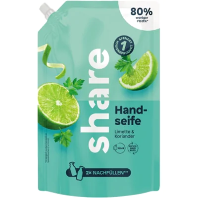 share Flüssigseife Limette & Koriander Ausführung des Behälters: Nachfüllbeutel Material des Behälters: Kunststoff 0,5l share Flüssigseife Limette & Koriander Ausführung des Behälters: Nachfüllbeutel Material des Behälters: Kunststoff 0,5l