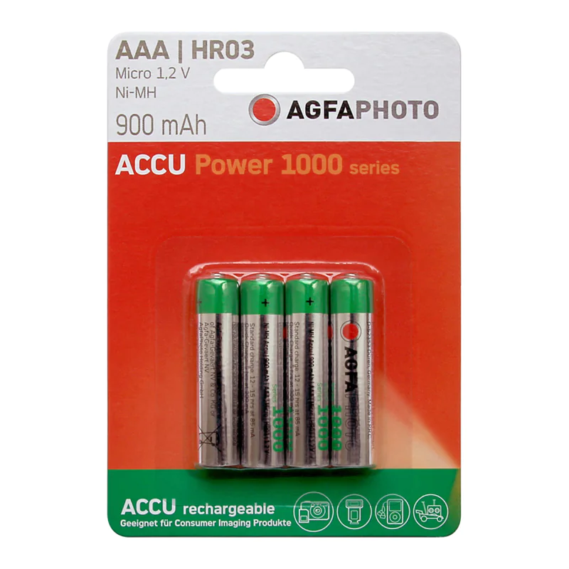 AgfaPhoto Batterijen 1x4 Akku NiMh Micro 1000 mAh, Wiederaufladbarer Akku, Nickel-Metallhydrid (NiMH), 1,2 V, 4 Stück(e), 1000 mAh 131-802756