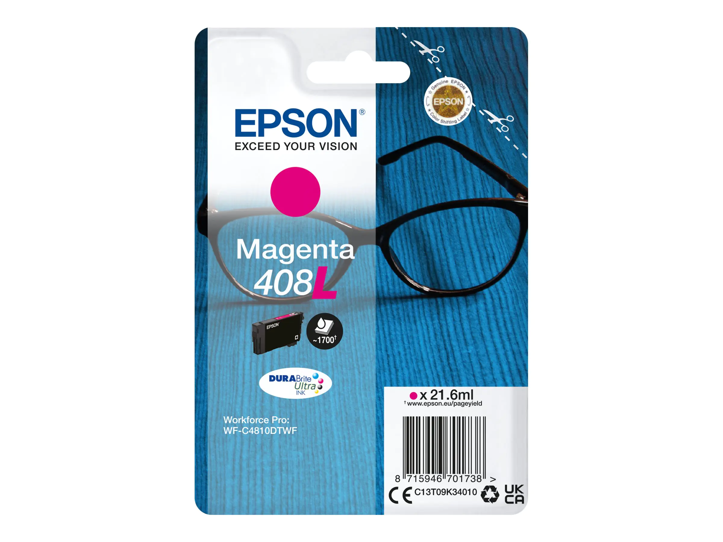 Epson 408L - 21.6 ml - Magenta - original - Blisterverpackung - Tintenpatrone - für WorkForce Pro WF-C4810DTWF Epson 408L - 21.6 ml - Magenta - original - Blisterverpackung - Tintenpatrone - für WorkForce Pro WF-C4810DTWF