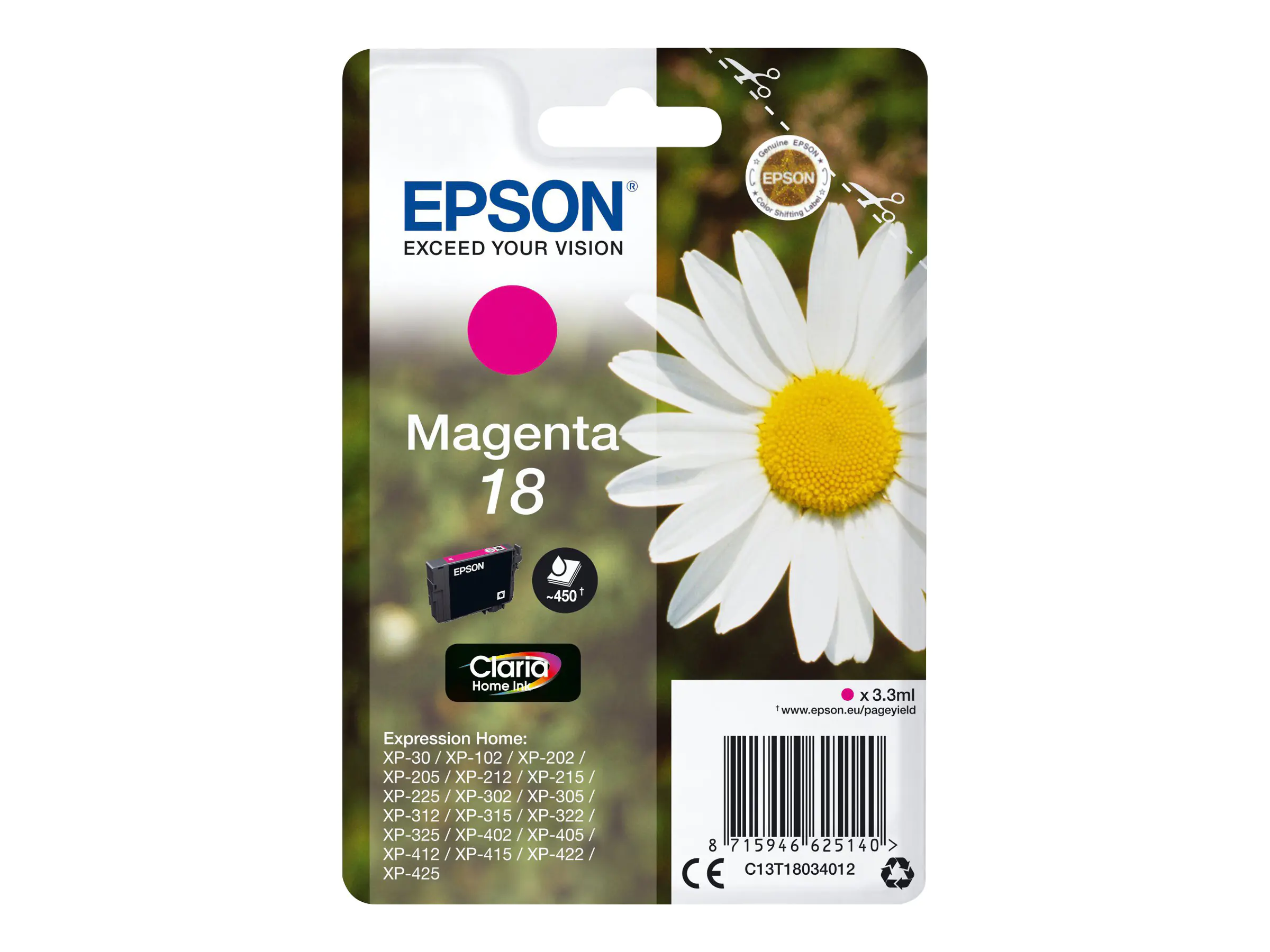 Epson 18 - 3.3 ml - Magenta - Original - Tintenpatrone - für Expression Home XP-212, 215, 225, 312, 315, 322, 325, 412, 415, 422, 425