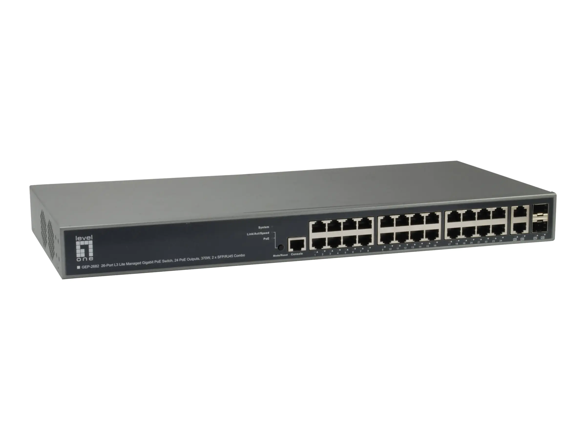 LevelOne GEP-2682 - Switch - L3 Lite - managed - 24 x 10/100/1000 (PoE+) + 2 x Gigabit SFP - an Rack montierbar - PoE+ (370 W)