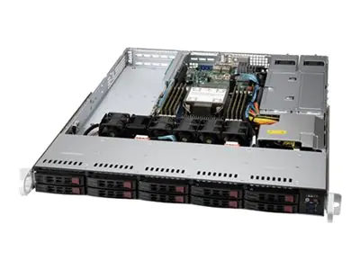 Supermicro UP SuperServer 110P-WTR - Server - Rack-Montage - 1U - 1-Weg - keine CPU - RAM 0 GB - SATA/PCI Express - Hot-Swap 6.4 cm (2.5") Schacht/Schächte - keine HDD - AST2600 - 10GbE - kein Betriebssystem - Monitor: keiner - Schwarz