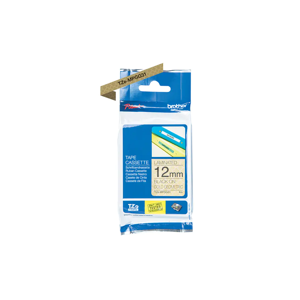 Brother TZe-MPGG31 - Schwarz auf goldenen Geometriemustern - Rolle (1,2 cm x 4 m) 1 Rolle(n) laminiertes Band - für Brother PT-H110; P-Touch Cube PT-P300; P-Touch Cube Pro PT-P910; P-Touch Embellish PT-D215