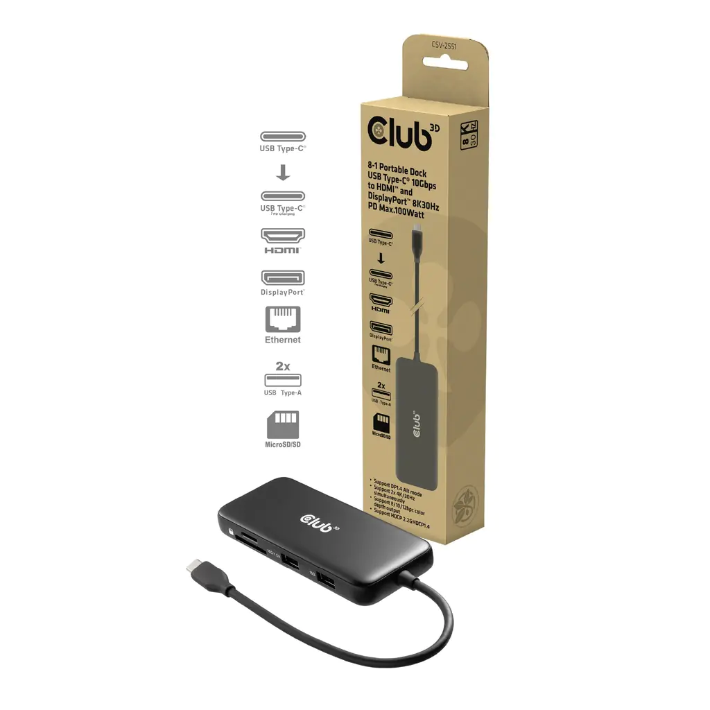 Club 3D 8 -1 Hub USB C® auf HDMI 2.0 + DisplayPort 1.4 8K30Hz PD 100W CSV-2551