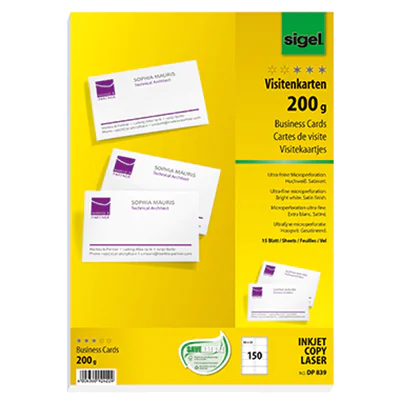 SIGEL Visitenkarte DP839 85x55mm 200g weiß 150 St./Pack. SIGEL Visitenkarte DP839 85x55mm 200g weiß 150 St./Pack.