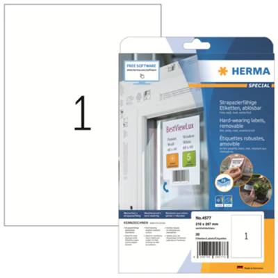 HERMA Folienetikett 4577 210x297mm weiß 20 St./Pack. HERMA Folienetikett 4577 210x297mm weiß 20 St./Pack.