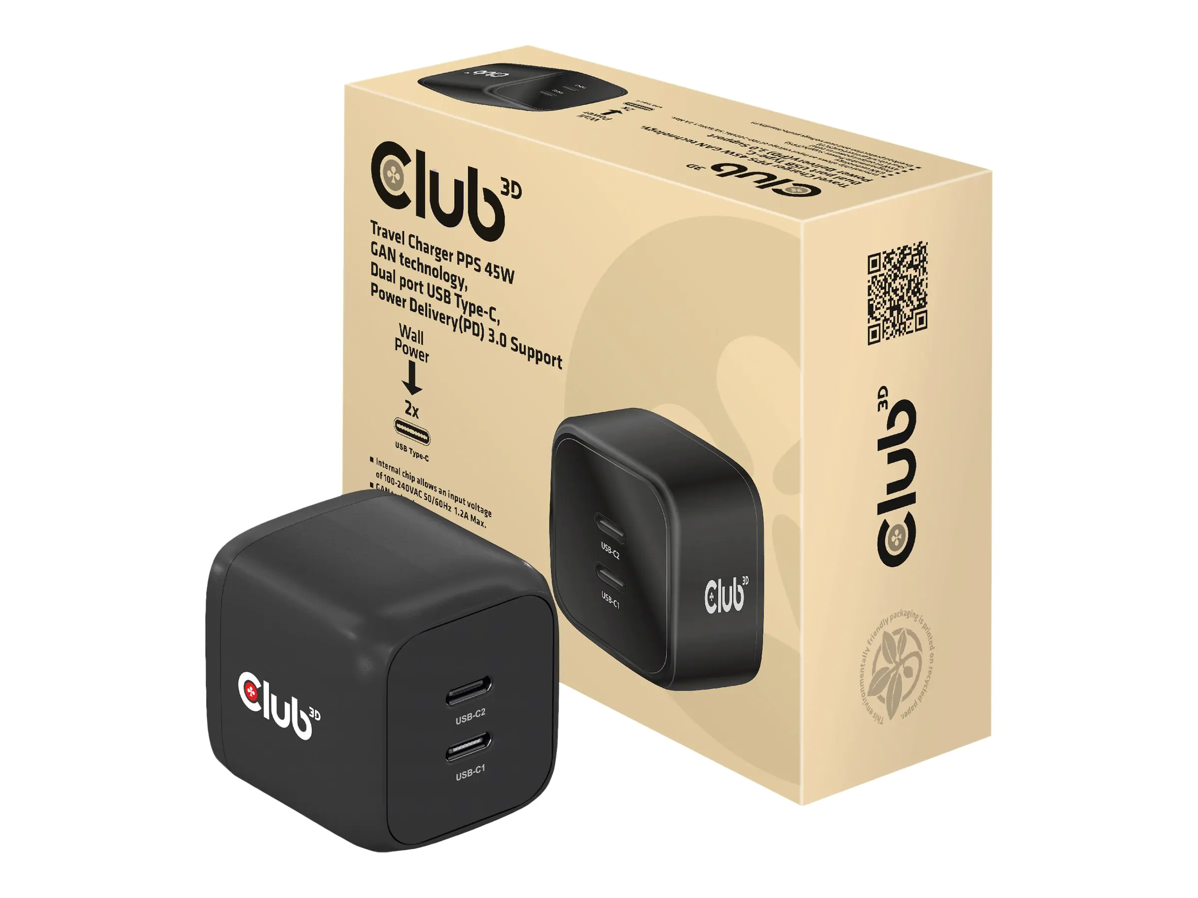 Club 3D CAC-1909 - Netzteil - PPS- und GaN-Technologie - 45 Watt - 3 A - PD 3.0 - 2 Ausgabeanschlussstellen (2 x USB-C) - auf Kabel: USB-C - Europäische Union