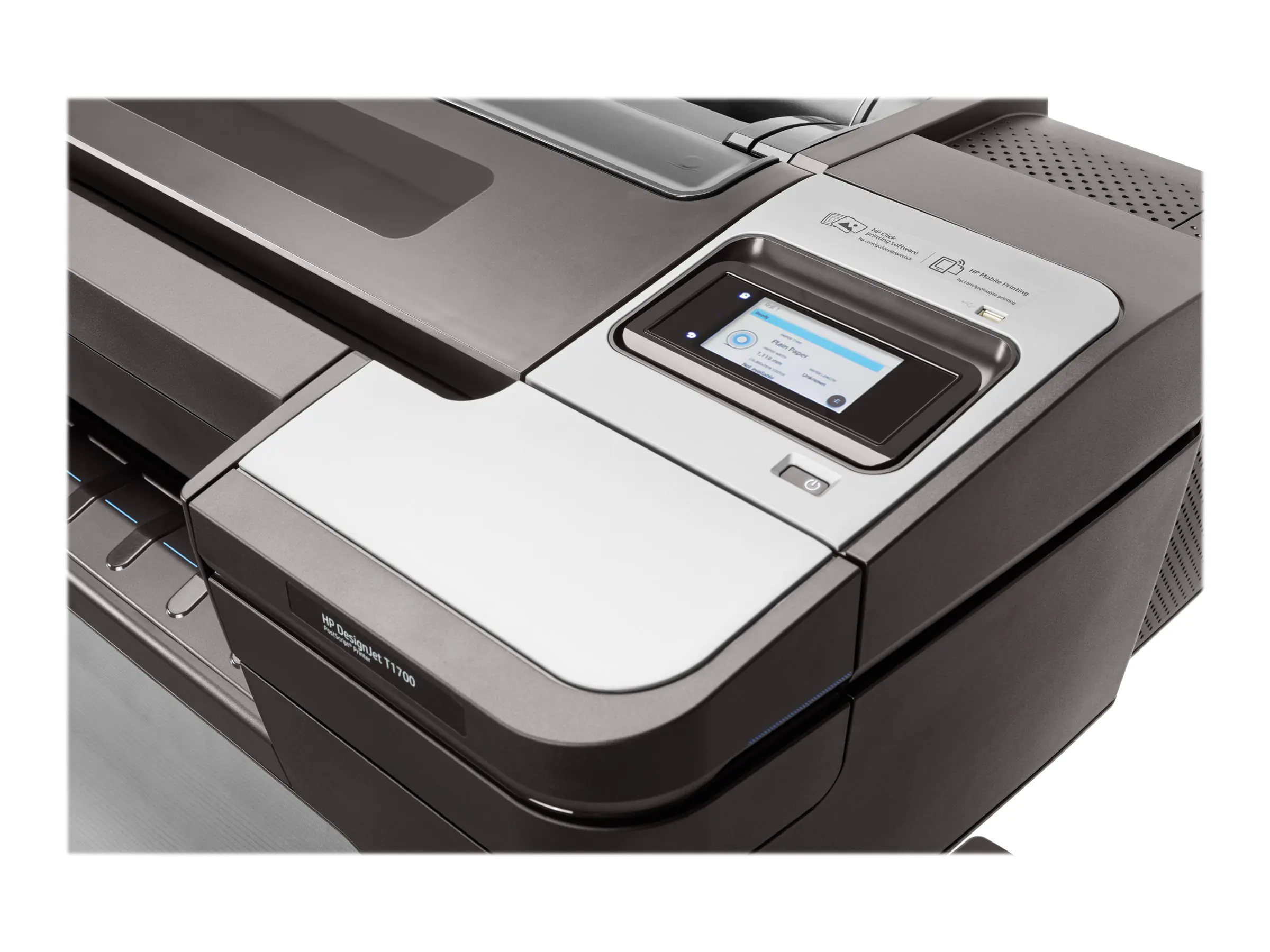 HP DesignJet T1700 PostScript - 1118 mm (44") Großformatdrucker - Farbe - Tintenstrahl - Rolle (111,8 cm) - 2400 x 1200 dpi - bis zu 0.43 Min./Seite (einfarbig)/ bis zu 0.43 Min./Seite (Farbe) - Gigabit LAN, USB-Host - Cutter