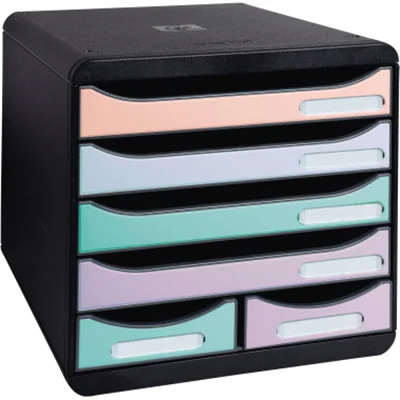 Exacompta Schubladenbox BIG-BOX Maxi 6 Schubladen DIN A4, Überbreite Polystyrol Gehäusefarbe: schwarz Farbe der Schublade: schwarz/pastellfarbig