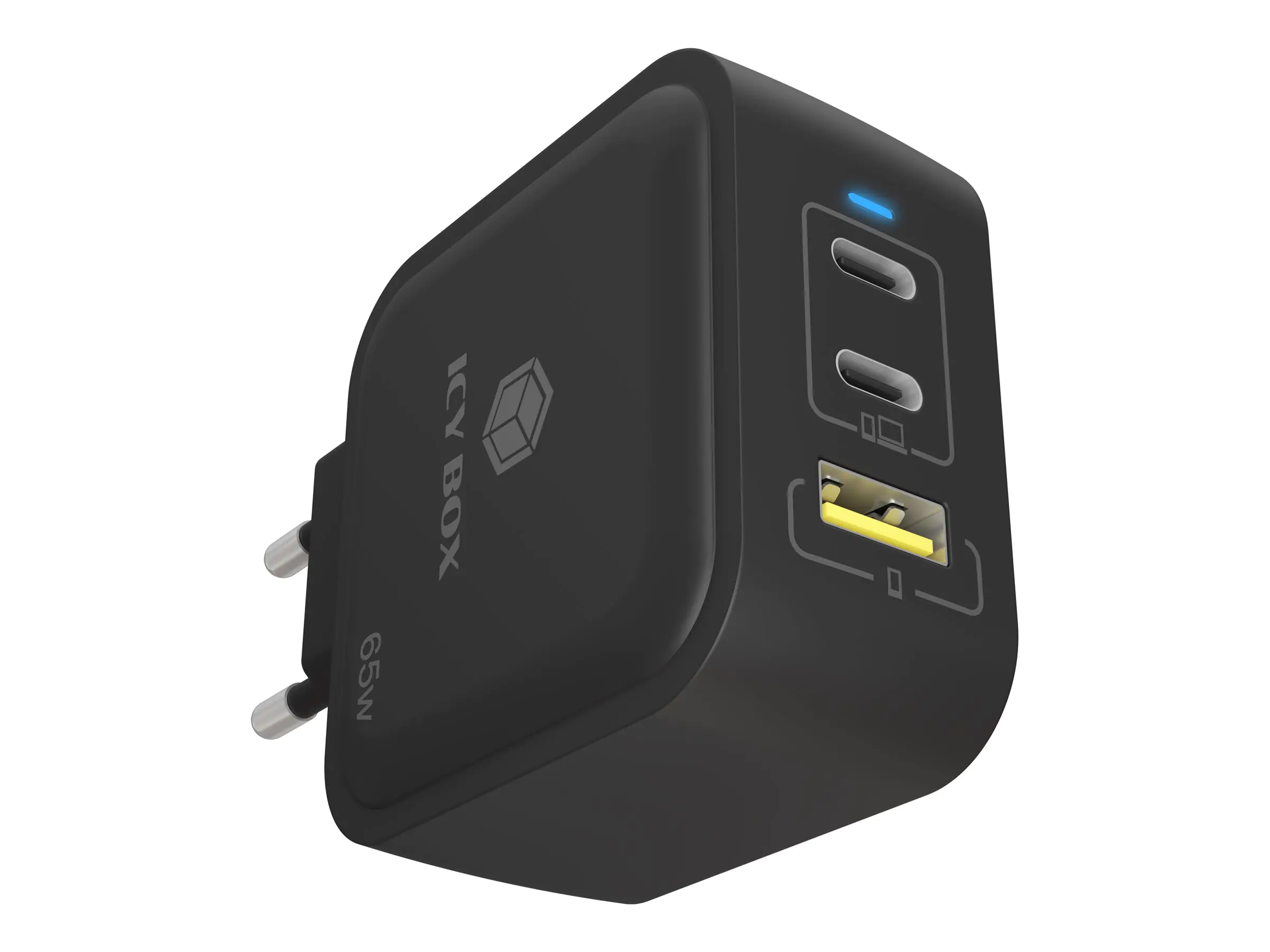 ICY BOX IB-PS1030-PD - Netzteil - GaN - 65 Watt - 3.25 A - PD 2.0, PD 3.0, QC 3.0, QC 2.0 - 3 Ausgabeanschlussstellen (2 x USB-C, USB) 61115