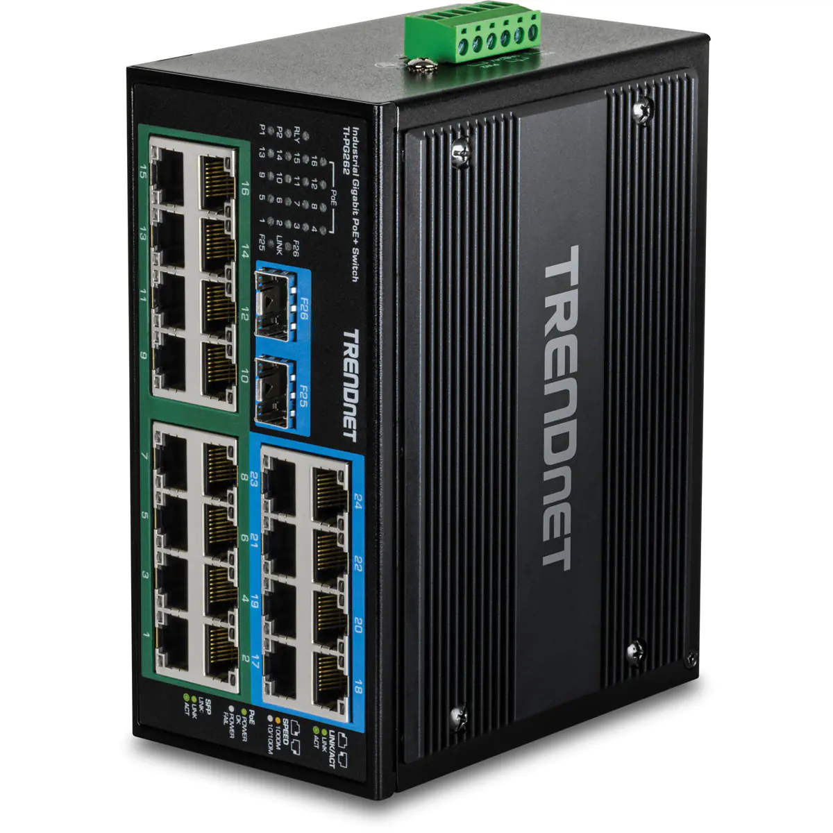 Trendnet - Hardened Industrial - Switch - 16 x 10/100/1000 (PoE+) + 8 x 10/100/1000 + 2 x 100/1000 SFP - an DIN-Schiene montierbar - PoE+ (480 W) - TAA-konform