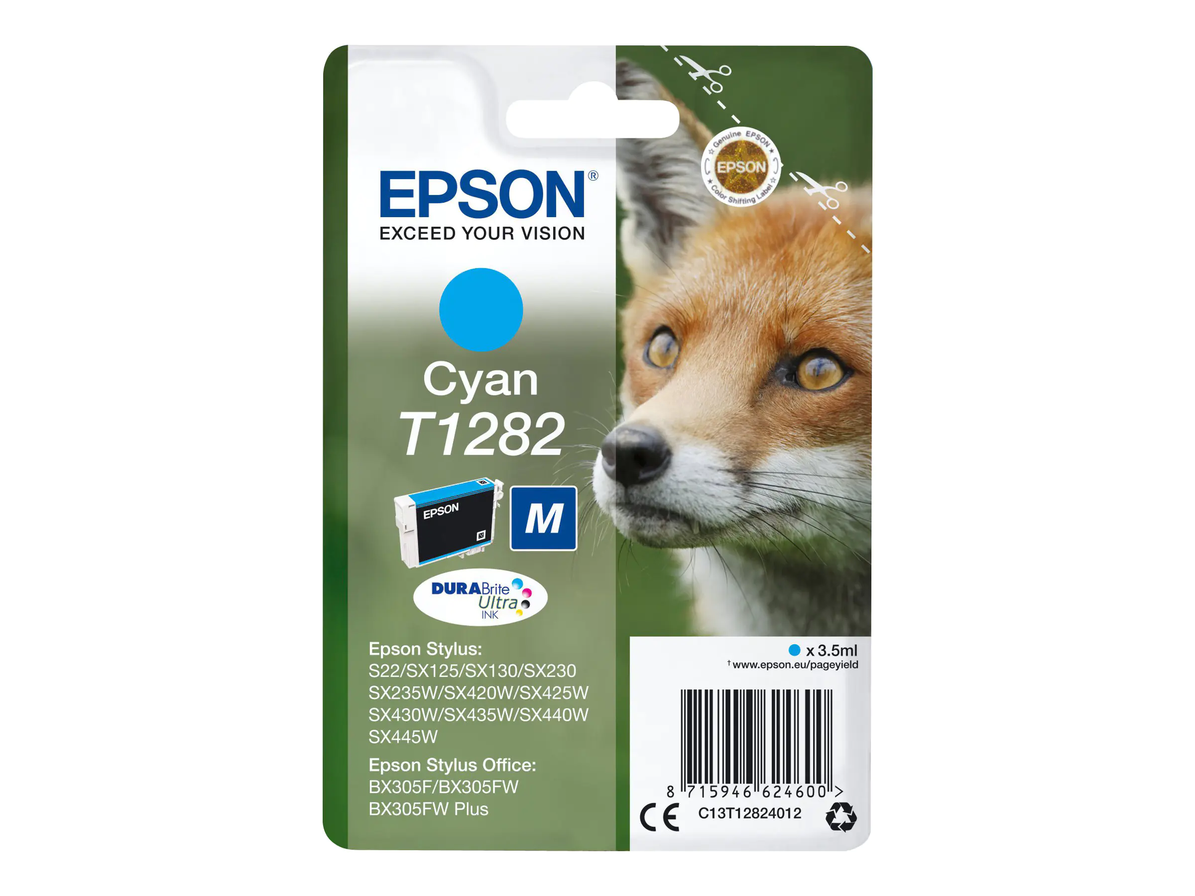 Epson T1282 - 3.5 ml - Größe M - Cyan - Original - Blisterverpackung - Tintenpatrone - für Stylus S22, SX130, SX230, SX235, SX430, SX435, SX438, SX440, SX445; Stylus Office BX305