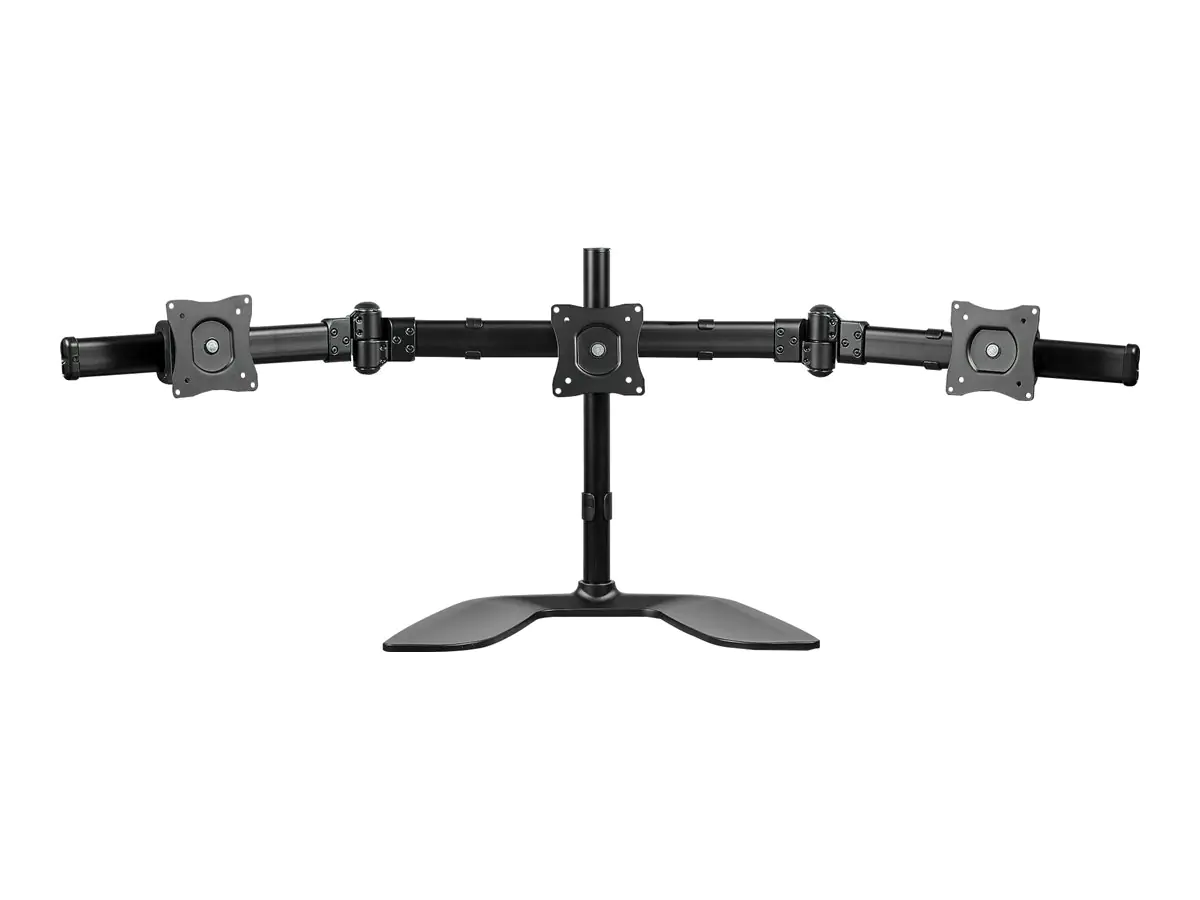 StarTech Dreifach Monitorhalterung - Schwenkbar - Stahl und Aluminium - für VESA Monitore bis zu 27 Zoll - 3fach Monitorarm - Aufstellung (Abschlusskappen, Stange, Bodenplatte, Querstange, Unterlegscheiben, Schrauben, Manschette, 2 Monitorarme, VESA-Halte