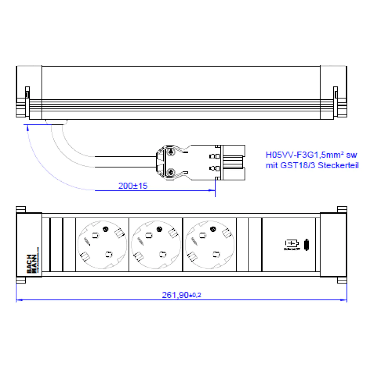 Bachmann Power Frame M 3xCEE7/3916.5061xUSB C 30W 0.2m GST18 Bachmann Power Frame M 3xCEE7/3916.5061xUSB C 30W 0.2m GST18