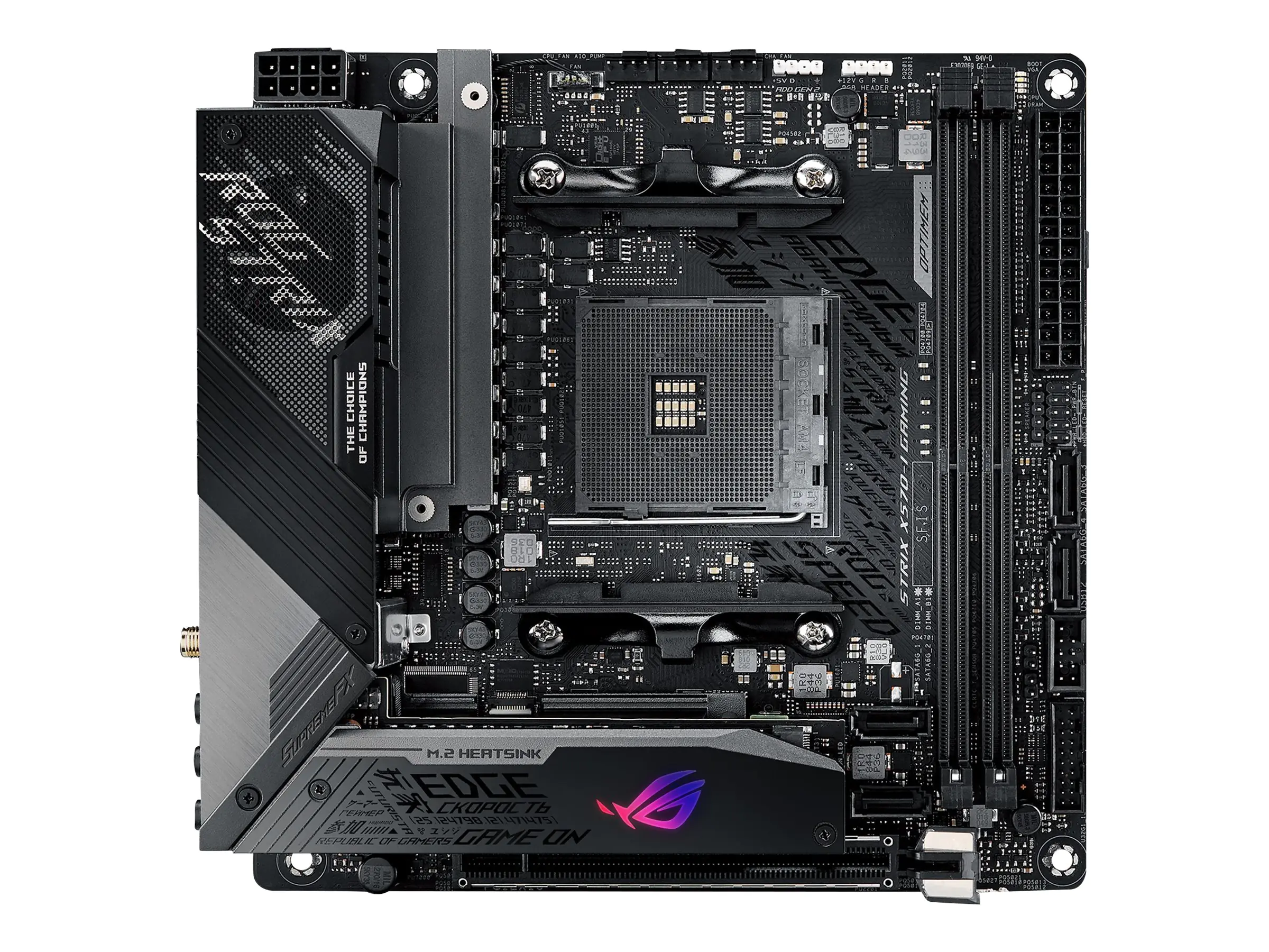 ASUS ROG Strix X570-I Gaming - Motherboard - Mini-ITX - Socket AM4 - AMD X570 Chipsatz - USB-C Gen2, USB 3.2 Gen 1, USB 3.2 Gen 2 - Bluetooth, Gigabit LAN, Wi-Fi - Onboard-Grafik (CPU erforderlich) - HD Audio (8-Kanal)
