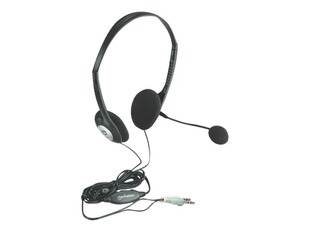 Manhattan Stereo On-Ear Headset (3.5mm), Microphone Boom, In-Line Volume Control, Foam Earpads, Standard 2x 3.5mm stereo jack/plug for audio/mic use, cable 2m, Black, Three Year Warranty, Blister - Headset - On-Ear - kabelgebunden - 3,5 mm Stecker