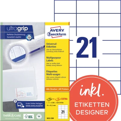 Avery Zweckform Universaletikett 3652 70x42,3mm weiß 2.100 St./Pack. Avery Zweckform Universaletikett 3652 70x42,3mm weiß 2.100 St./Pack.
