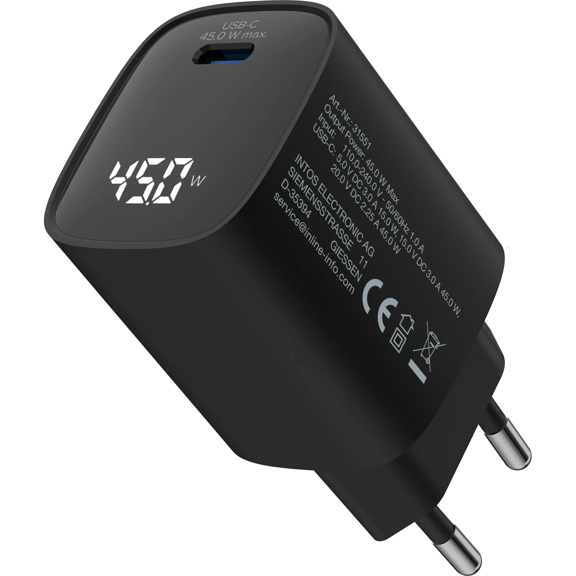 InLine USB PD Netzteil - GaN Ladegerät - 1-Port - USB-C - 45W - mit Display 31551