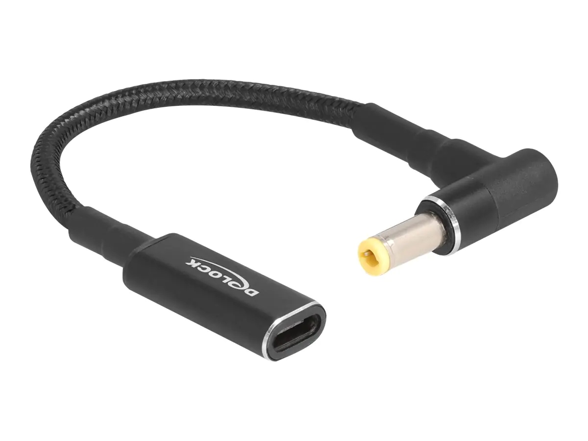 Delock - Netzteil - 24 pin USB-C (W) zu Gleichstromstecker 5,5 x 2,5 mm (M) gewinkelt - 19.5 V - 3 A - 15 cm - Schwarz