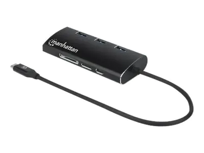Manhattan USB-C Dock/Hub with Card Reader, Ports (x6): Ethernet, HDMI, USB-A (x3) and USB-C, With Power Delivery (100W) to USB-C Port (Note additional USB-C wall charger and USB-C cable needed), Aluminium, Black, 3 Year Warranty - Dockingstation - USB-C 3
