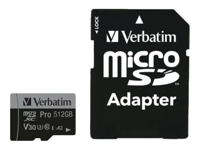 Verbatim PRO U3 - Flash-Speicherkarte (microSDXC-an-SD-Adapter inbegriffen) - 512 GB - A2 / UHS-I U3 / Class10 - microSDXC UHS-I Verbatim PRO U3 - Flash-Speicherkarte (microSDXC-an-SD-Adapter inbegriffen) - 512 GB - A2 / UHS-I U3 / Class10 - microSDXC UHS-I