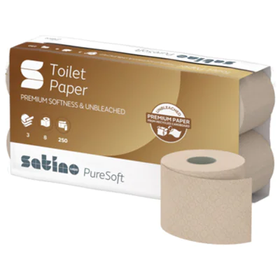 Satino Toilettenpapier PureSoft 3-lagig Papier, 100 % recycelte Wellpappe softbeige 250 Bl./Rl. 8 Rl./Pack.