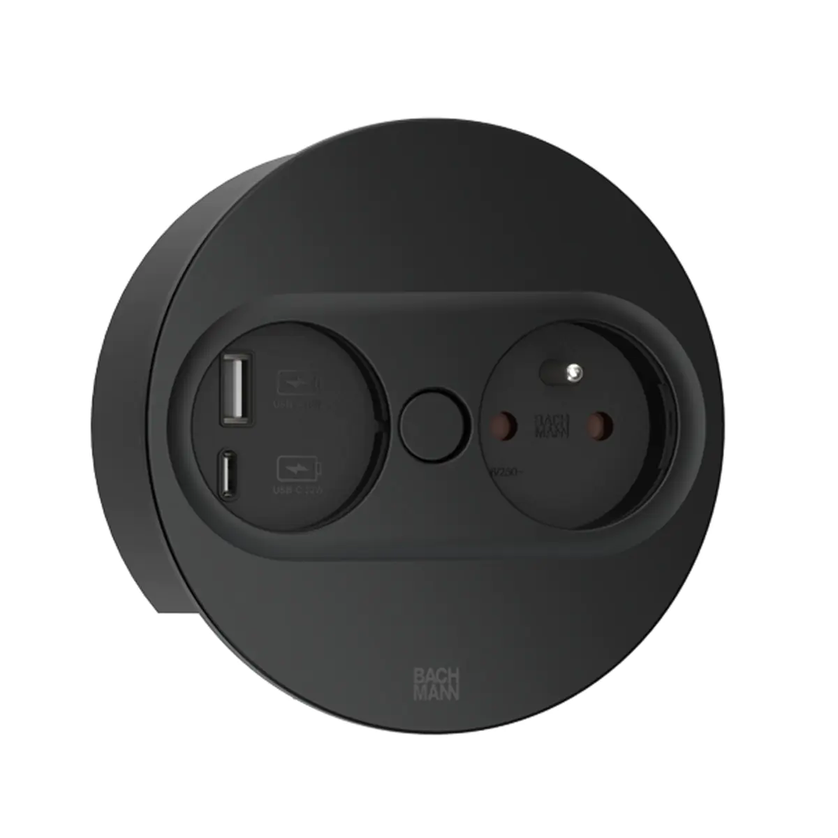 Bachmann 946.106, Type E + USB A + USB C, Desktop eingebettet, 4 cm, Tisch/Bank, Schwarz, Metall, Kunststoff
