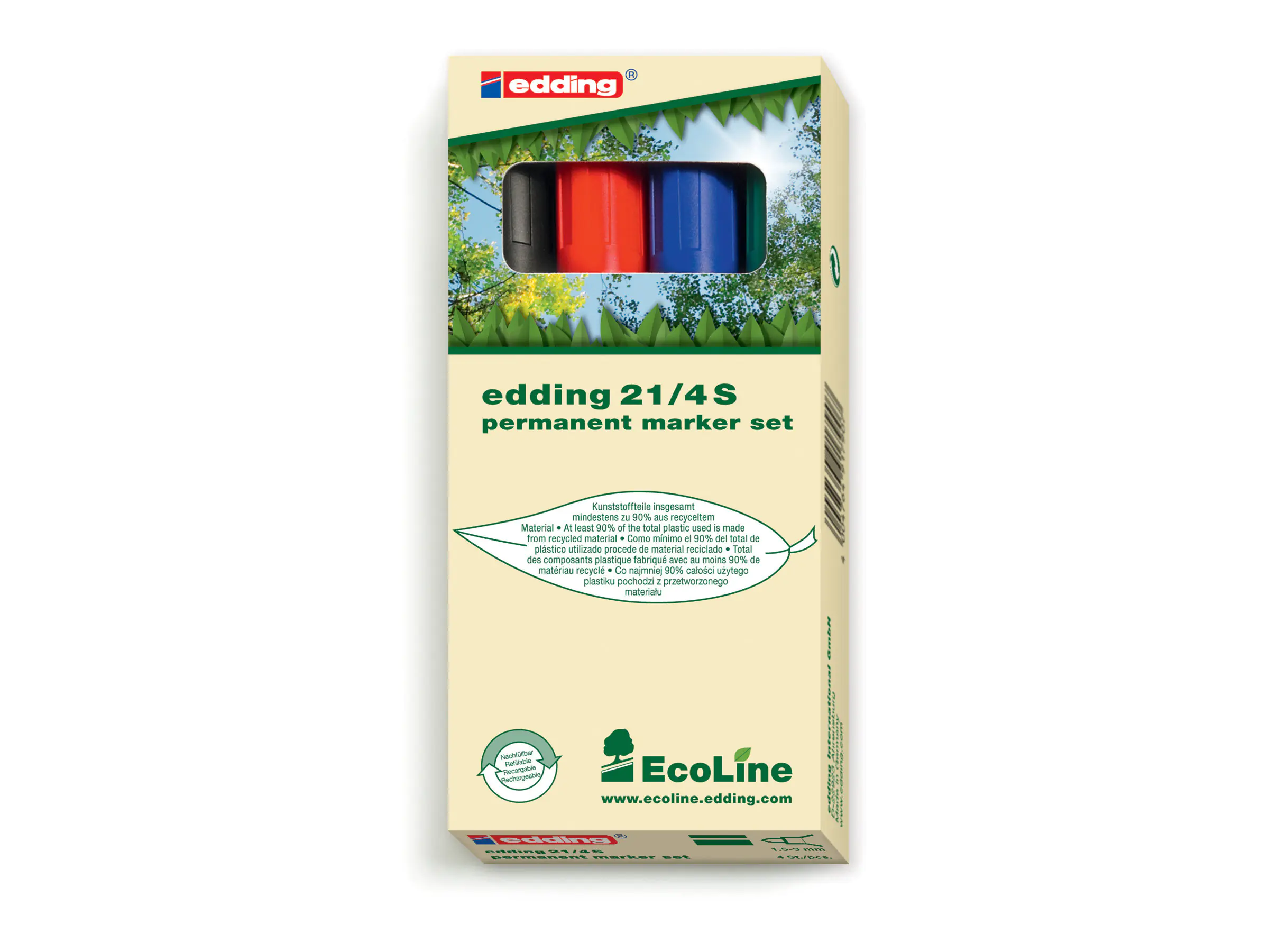 EDDING EcoLine 21 - Marker - permanent - für Glas, Metall, Plastik - Schwarz, Rot, Blau, Grün - 1.5-3 mm (Packung mit 4) 4-21-4