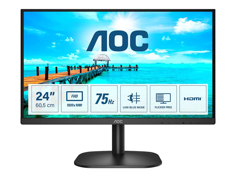 AOC 24B2XHM2 - B2 Series - LED-Monitor - 60 cm (24") (23.8" sichtbar) - 1920 x 1080 Full HD (1080p) @ 75 Hz - VA - 250 cd/m² - 3000:1 - 4 ms - HDMI, VGA - Schwarz