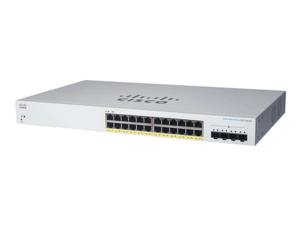 Cisco Business 220 Series CBS220-24P-4G - Switch - Smart - 24 x 10/100/1000 (PoE+) + 4 x Gigabit SFP (Uplink) - an Rack montierbar - PoE+ (195 W)