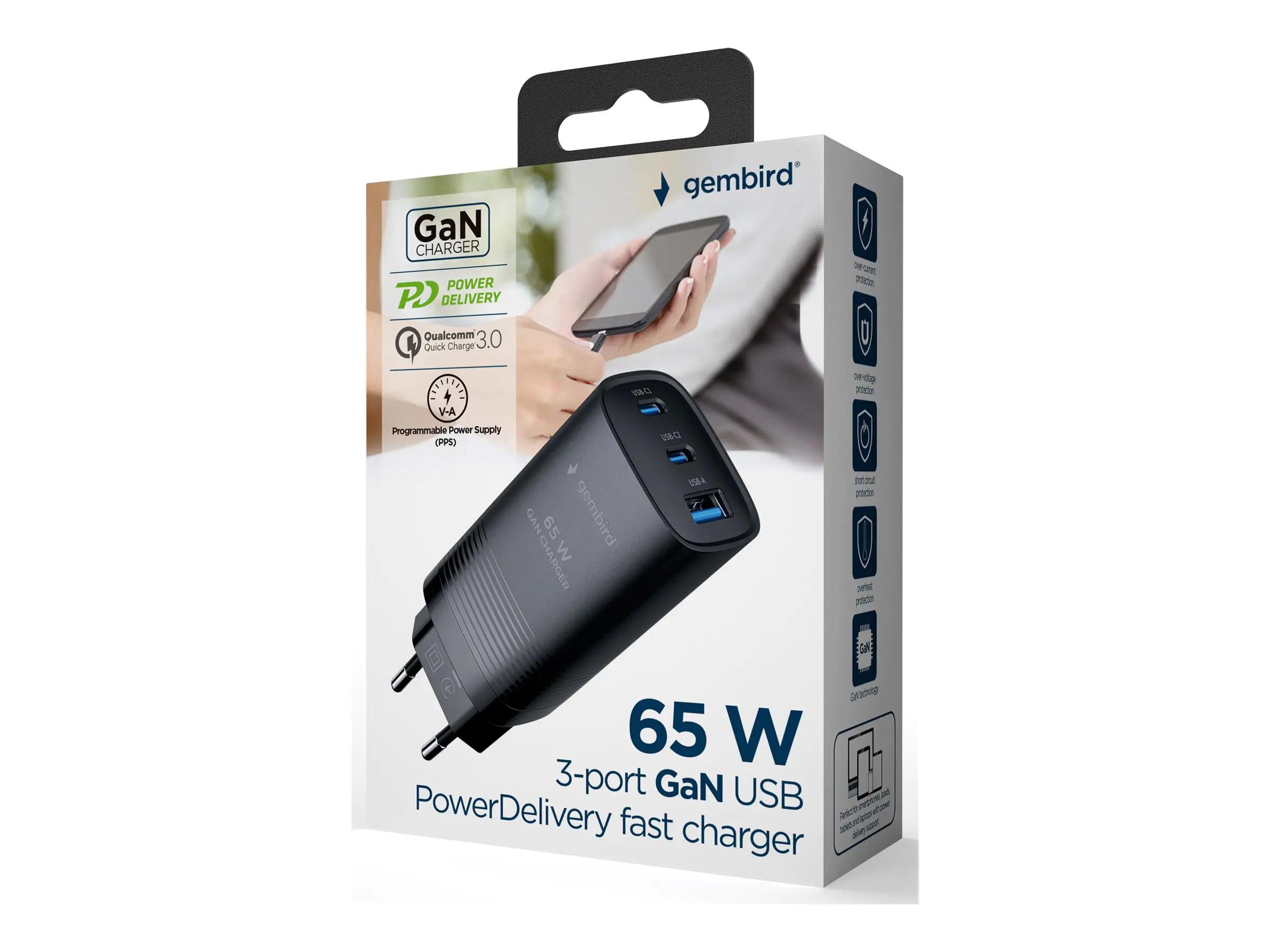 Gembird Netzteil - 65 Watt - 4.8 A - PD, QC 3.0 - 3 Ausgabeanschlussstellen (USB, USB-C) TA-UC-PDQC65-01-BK