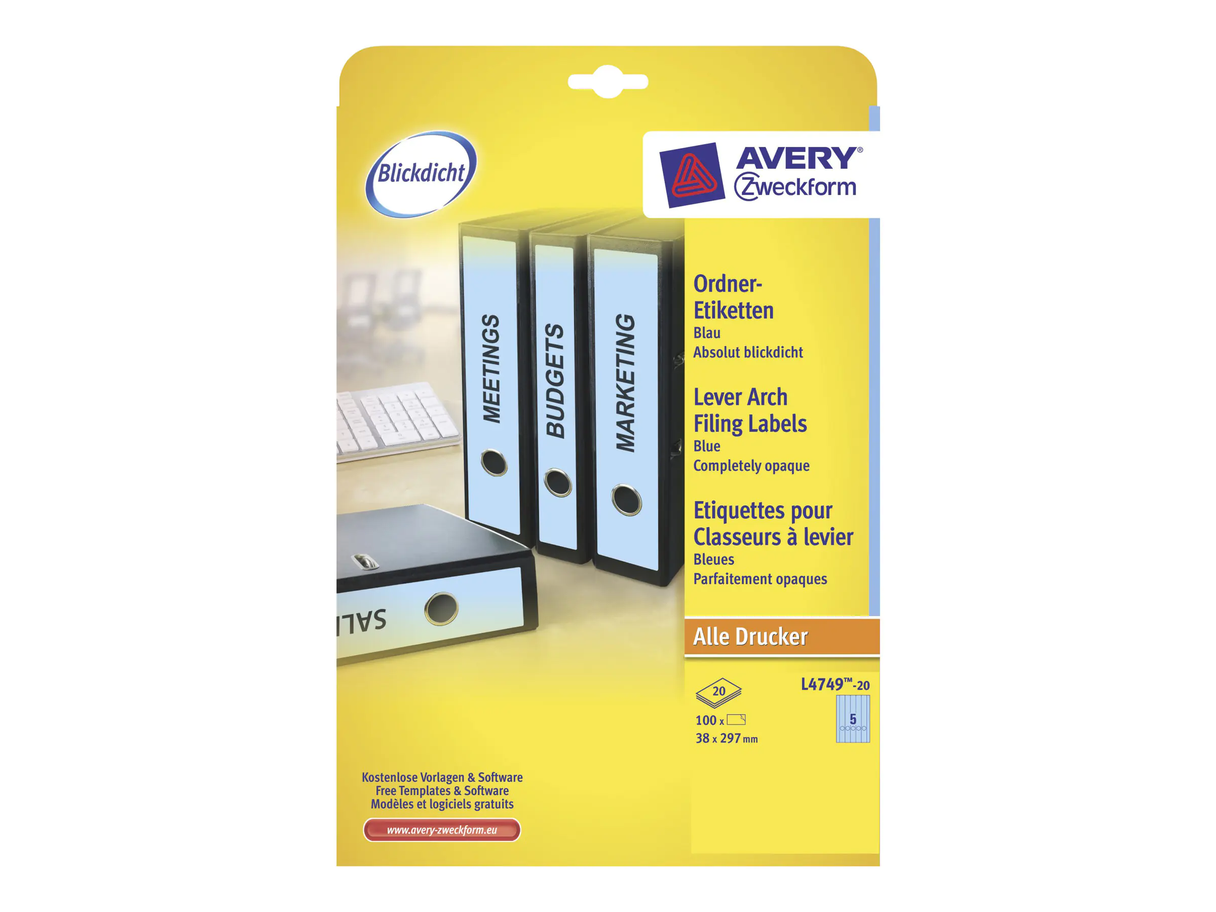 Avery Zweckform Avery File Folder Labels - Blau - 38 x 297 mm 100 Etikett(en) (20 Bogen x 5 Aktenetiketten L4749-20