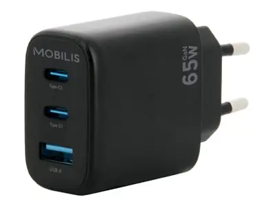 Mobilis Netzteil - GaN - 65 Watt - PD, QC - 3 Ausgabeanschlussstellen (2 x USB-C, USB) 001364