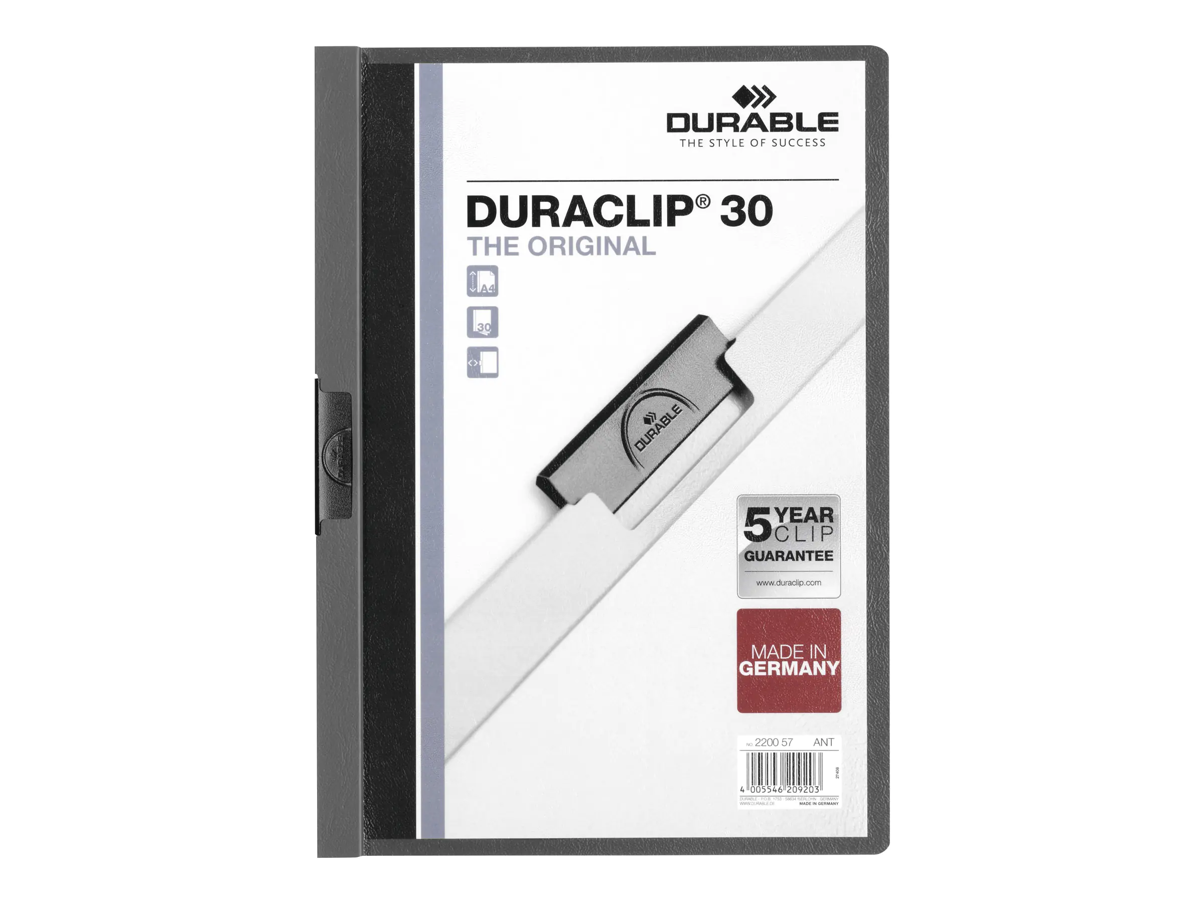 DURABLE Klemmmappe DURACLIP 30 220057 DIN A4 Hartfolie dunkelgrau