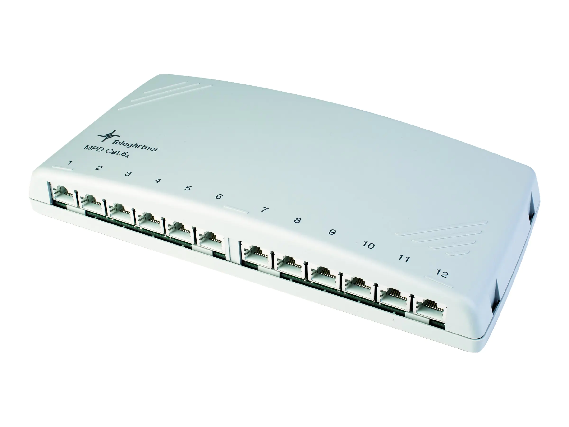 Telegärtner Mini Distributor MPD12-HS K - Kabelverteilerkasten - geeignet für Wandmontage, am Rohr montierbar, DIN schienenmontierbar - CAT 6a - STP - RJ-45/RJ-11/RJ-12 X 12 - Alpine White