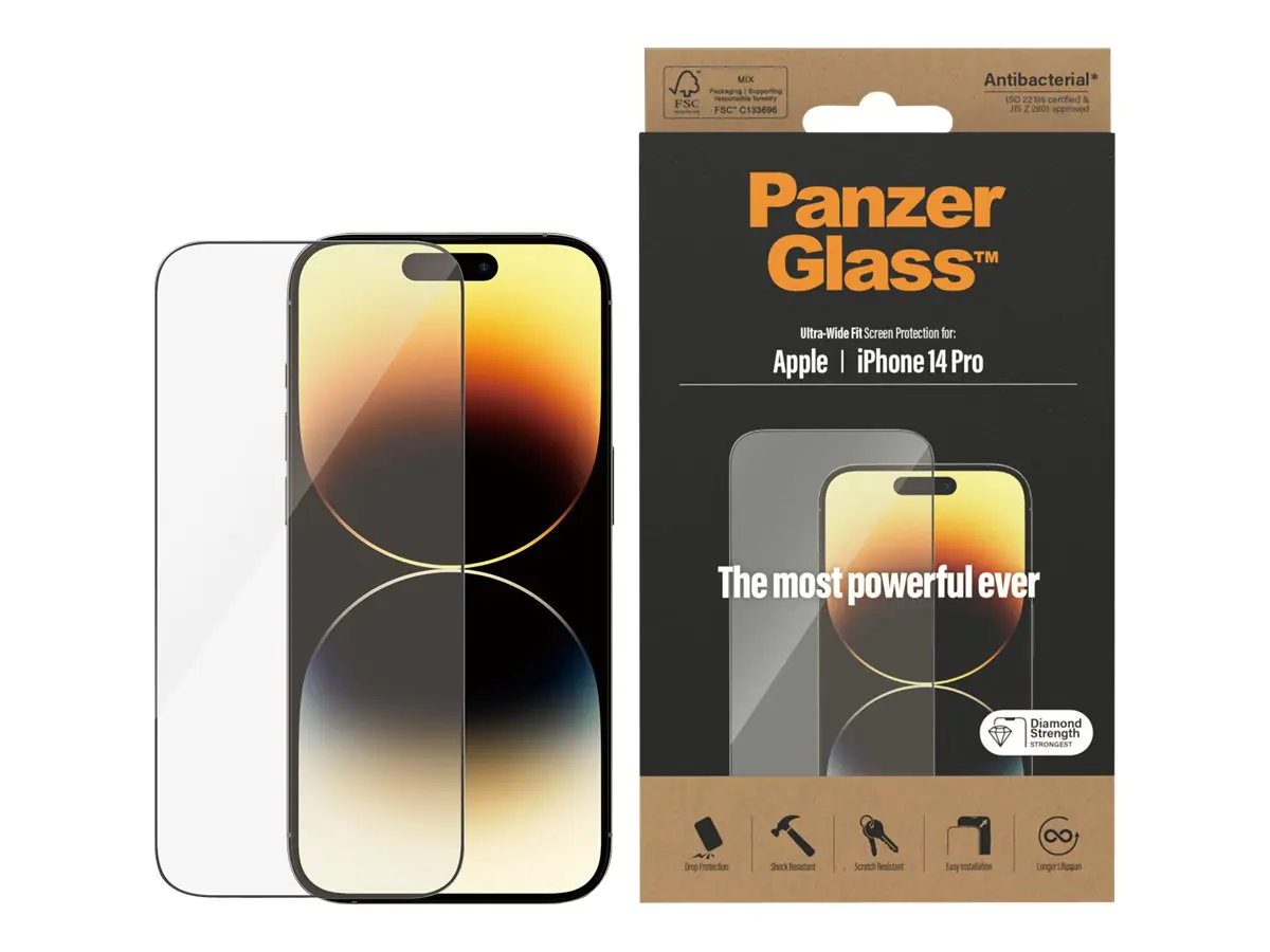 PanzerGlass - Bildschirmschutz für Handy - ultrabreite Passform - Glas - Rahmenfarbe schwarz - für Apple iPhone 14 Pro