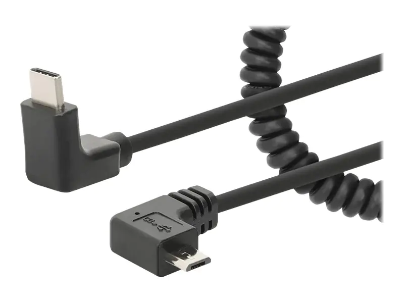 Manhattan USB-C to Micro-USB Cable, 1m, Male to Male, Black, 480 Mbps (USB 2.0), Tangle Resistant Curly Design, Angled Connectors, Ideal for Charging Cabinets/Carts, Hi-Speed USB, Lifetime Warranty, Polybag - USB-Kabel - USB-C (nur Spannung) (M) gewinkelt