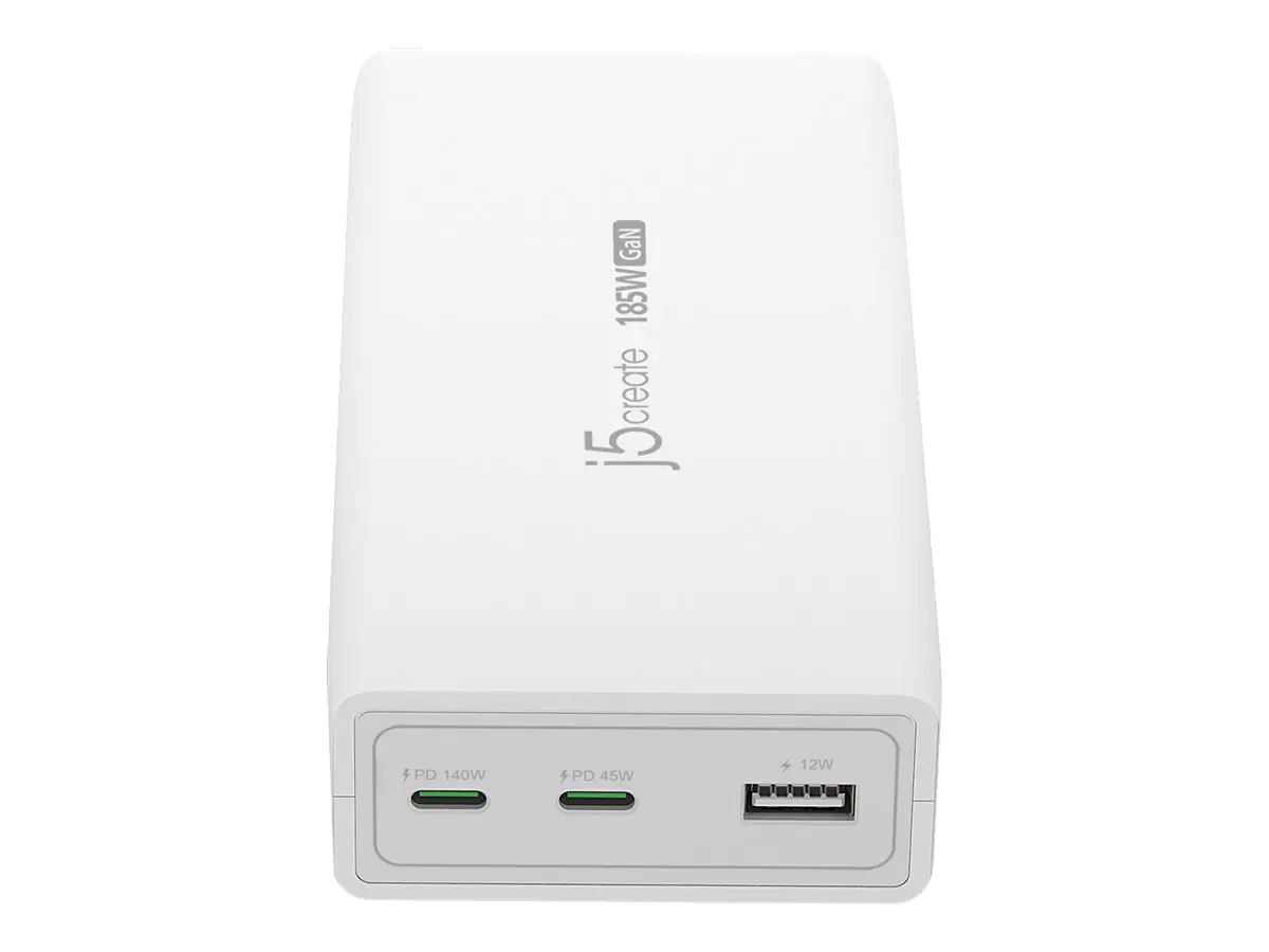 j5create JUP37185W-EN - Netzteil - GaN - 185 Watt - 5 A - Power Delivery 3.1 - 3 Ausgabeanschlussstellen (USB Typ A, 2 x USB-C)
