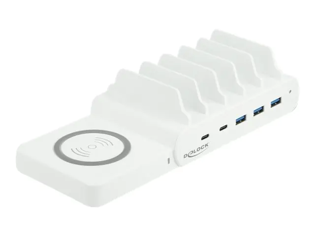 Delock USB and Wireless Charger - Ladestation + AC-Netzteil - 110 Watt - 5 A - PD - 5 Ausgabeanschlussstellen (3 x USB Typ A, 2 x USB-C) - weiß Delock USB and Wireless Charger - Ladestation + AC-Netzteil - 110 Watt - 5 A - PD - 5 Ausgabeanschlussstellen (3 x USB Typ A, 2 x USB-C) - weiß