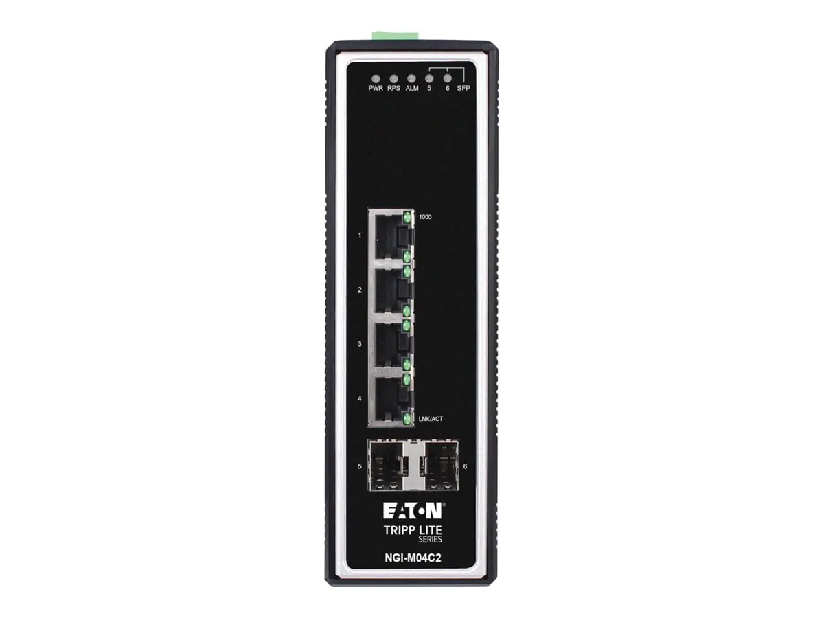 Tripp Eaton Tripp Lite series 4-Port Managed Industrial Gigabit Ethernet Switch - 10/100/1000 Mbps, 2 GbE SFP Slots, -40° to 75°C, DIN Mount - Switch - managed - 4 x 10/100/1000 + 2 x Gigabit SFP (Uplink) NGI-M04C2