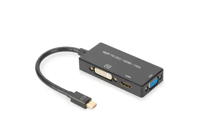 ASSMANN - Videoadapter - Mini DisplayPort männlich zu HDMI, DVI-D, 15 pin D-Sub (DB-15) weiblich - 20 cm - Dreifachisolierung - Schwarz - geformt, 4K Unterstützung