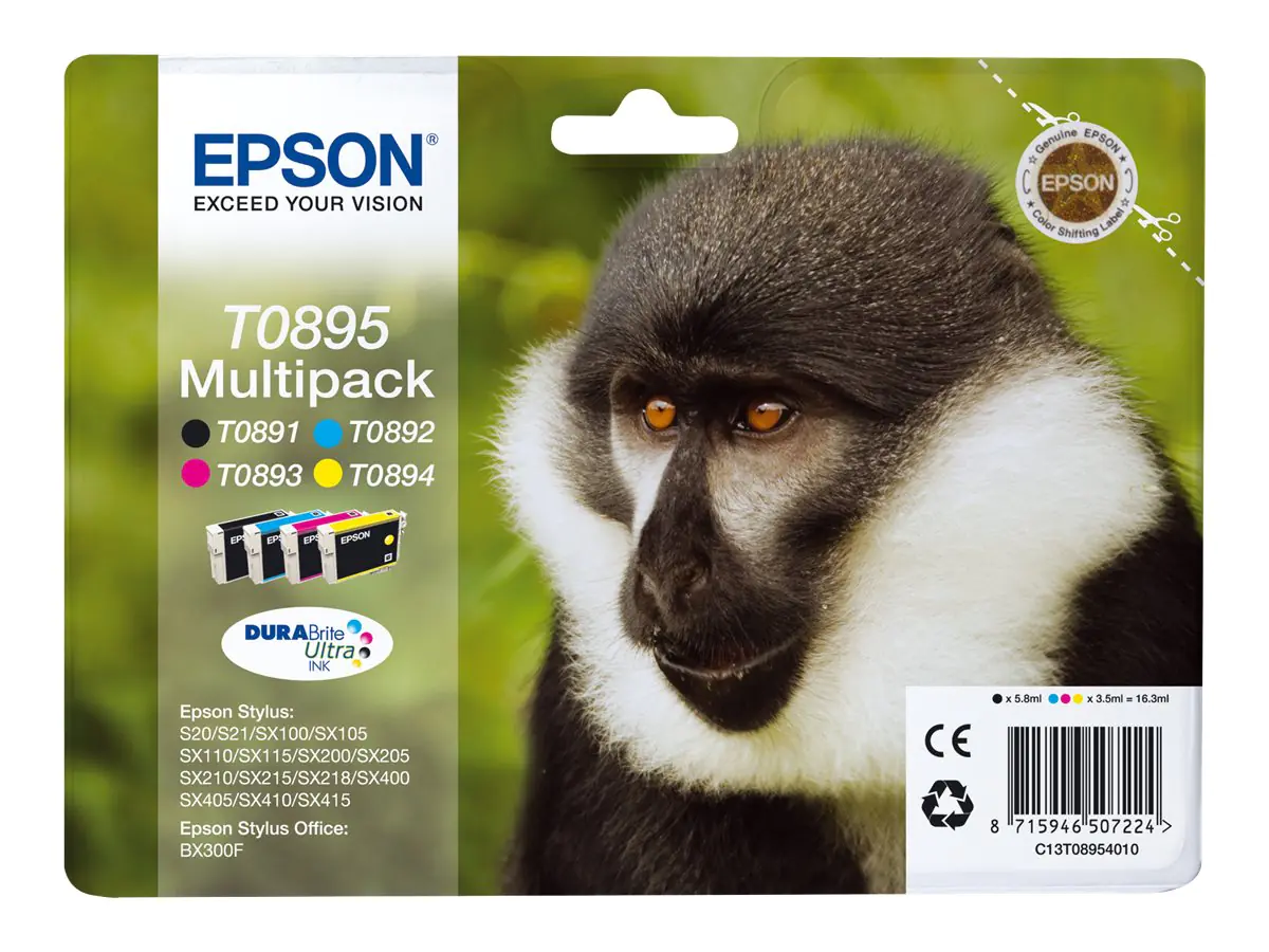 Epson T0895 Multipack - 4er-Pack - Schwarz, Gelb, Cyan, Magenta - Original - Blisterverpackung - Tintenpatrone - für Stylus S21, SX110, SX115, SX210, SX215, SX218, SX400, SX410, SX415; Stylus Office BX300