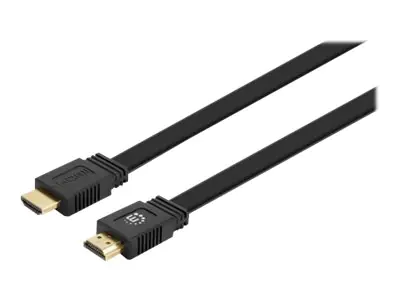 Manhattan HDMI Cable with Ethernet (Flat), 4K@60Hz (Premium High Speed), 1m, Male to Male, Black, Ultra HD 4k x 2k, Fully Shielded, Gold Plated Contacts, Lifetime Warranty, Polybag - HDMI-Kabel mit Ethernet - HDMI männlich zu HDMI männlich - 1 m - Doppeli