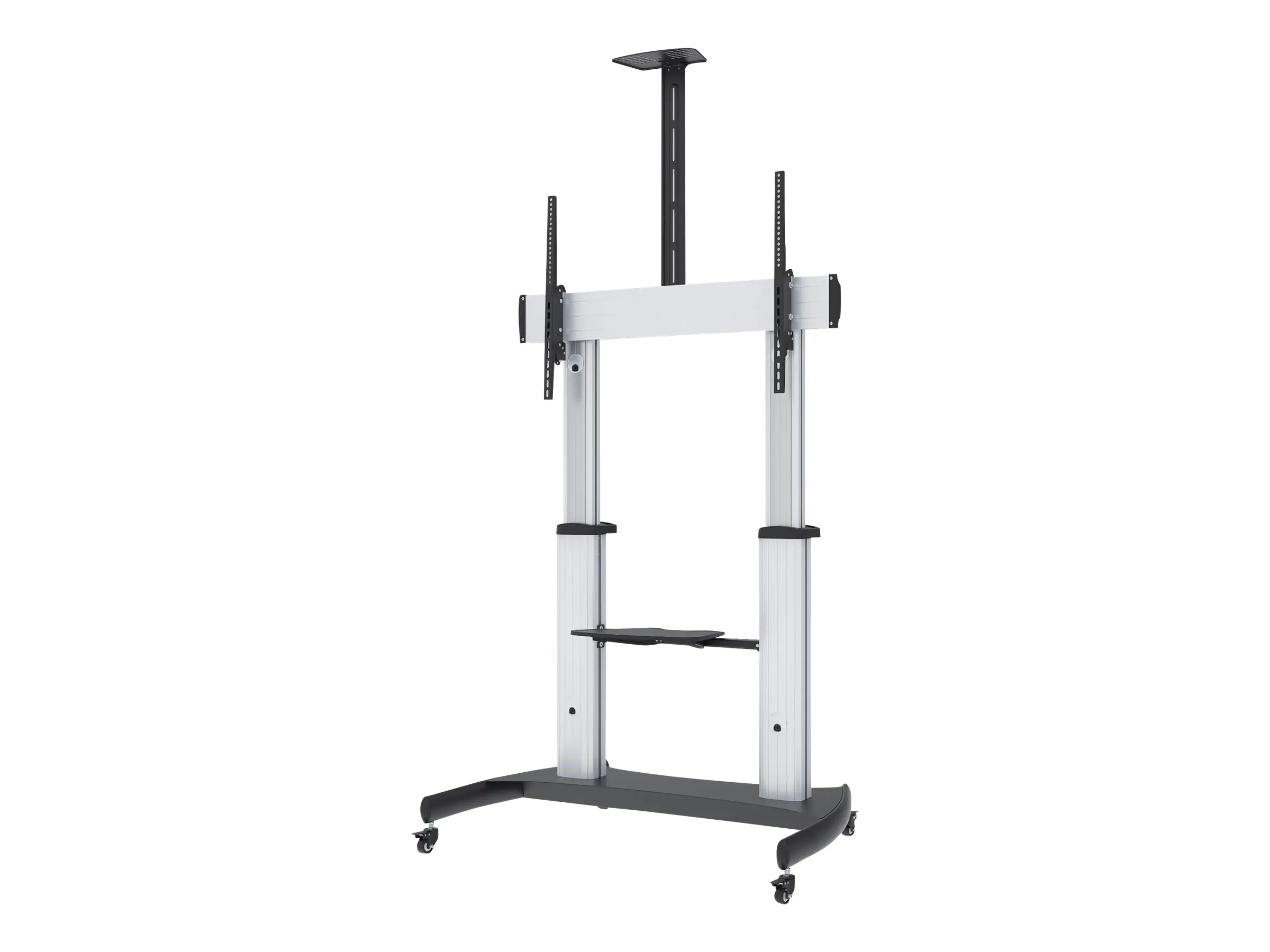 Manhattan TV & Monitor Mount, Trolley Stand, 1 screen, Screen Sizes: 60-100", Silver/Black, VESA 200x200 to 800x600mm, Max 100kg, Height adjustable 1200 to 1685mm, Camera and AV shelves, Aluminium, LFD, Lifetime Warranty - Wagen - für Flachbildschirm / AV