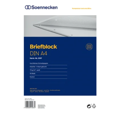 Soennecken Briefblock 2307 DIN A4 gelocht kariert 50Blatt weiß Soennecken Briefblock 2307 DIN A4 gelocht kariert 50Blatt weiß