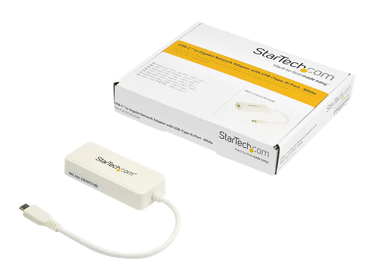 StarTech US1GC301AUW USB Netzwerkadapter (Ethernet Adapter mit extra USB Anschluss, USB 3.0, Thunderbolt 3 komp.) Weiß - Netzwerkadapter - USB-C - Gigabit Ethernet + USB 3.1 Gen 2 - weiß