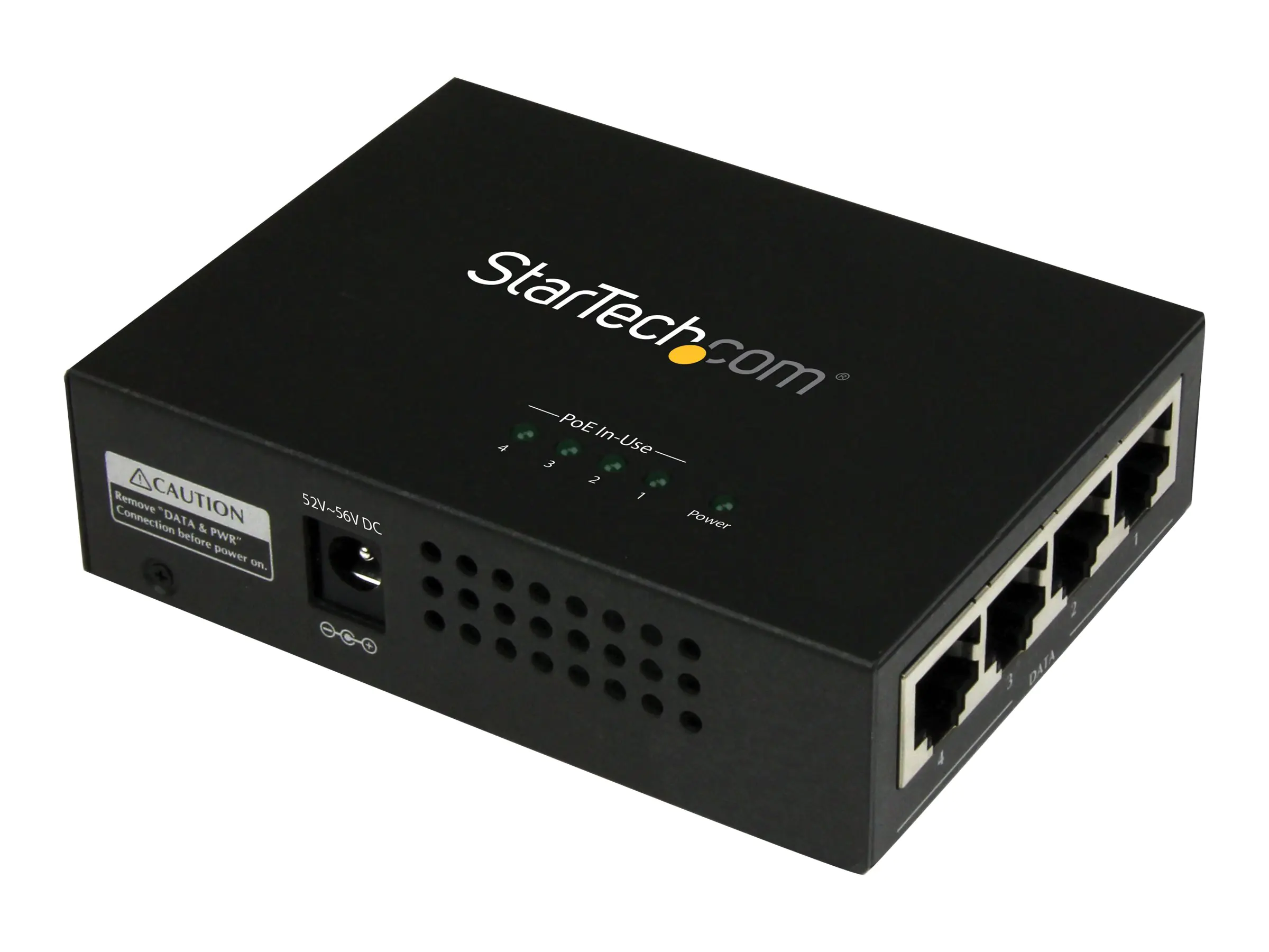 StarTech 4 Port Gigabit midspan - PoE+ Injektor - 802.3at/af - Wandmontierbar Power over Ethernet Midspan - Power Injector - Wechselstrom 100-240 V - 120 Watt - Ausgangsanschlüsse: 4 - Schwarz - für P/N: POEEXT1GAT, POEEXT2GAT, ST12MHDLANU
