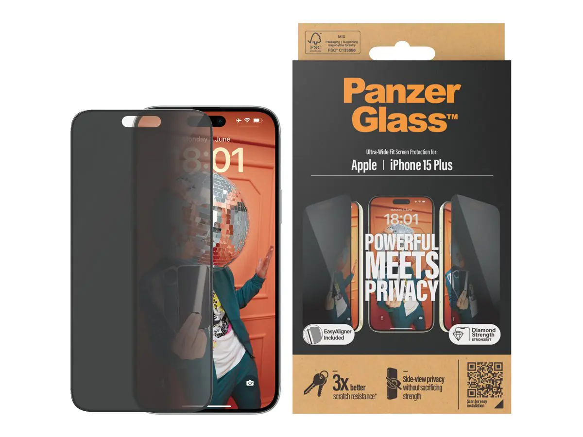 PanzerGlass - Bildschirmschutz für Handy - ultrabreite Passform - Glas - mit Sichtschutzfilter - 6.7" - Rahmenfarbe schwarz (Packung mit 10) - für Apple iPhone 15 Plus
