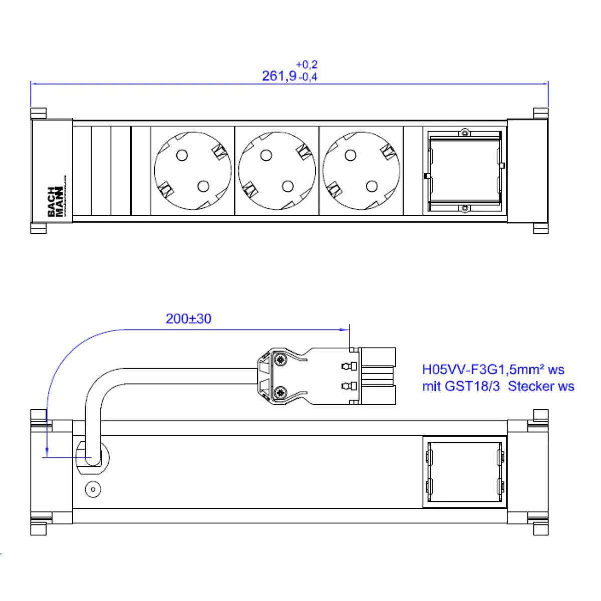 Bachmann POWER FRAME 3xCEE7/3916.7031xCM 0 2m GST18 RAL9010 Bachmann POWER FRAME 3xCEE7/3916.7031xCM 0 2m GST18 RAL9010
